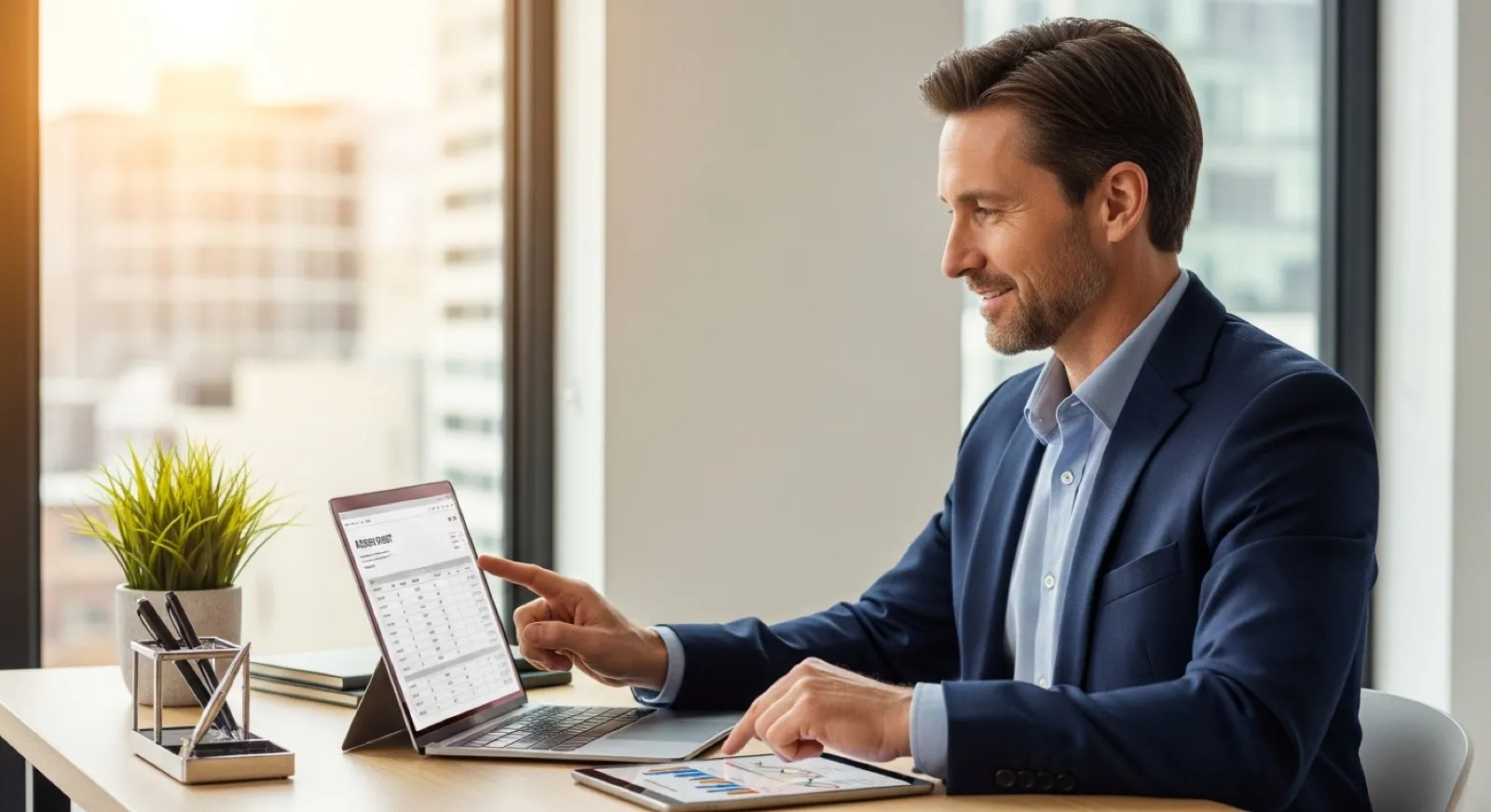 Accountant reviewing financial reports on a laptop and tablet in a bright modern office