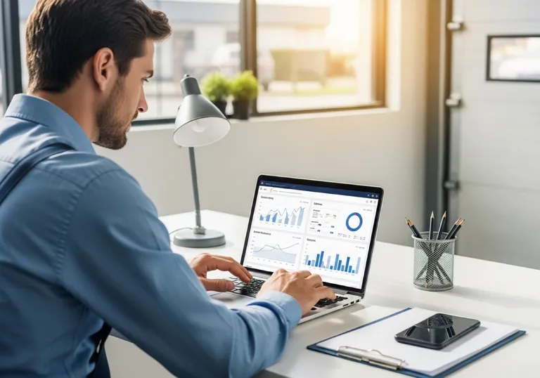 Auto-shop owner reviewing lead and booking analytics on a laptop — tracking inbound call growth