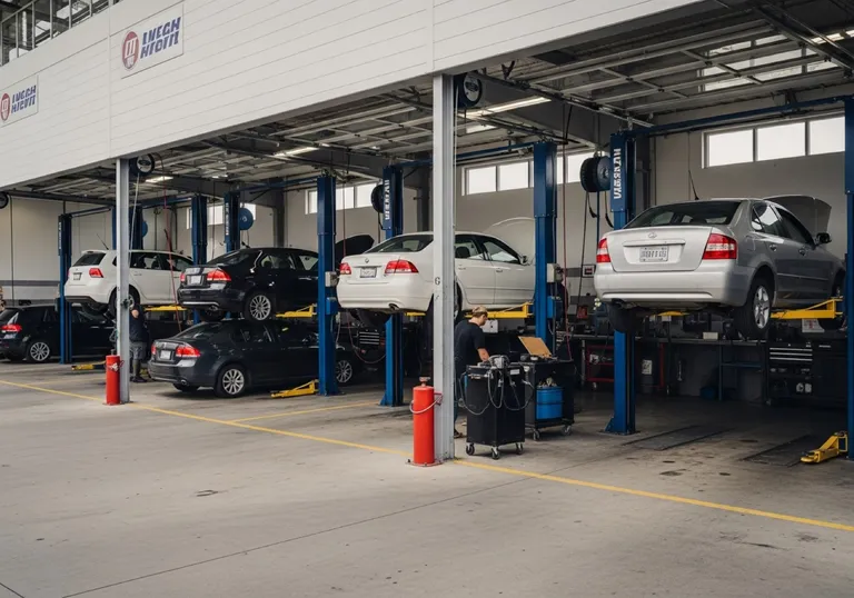 Busy auto-repair shop with multiple full service bays — representing business growth from SEO