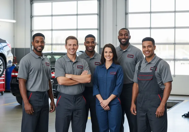 Confident auto-service team in a clean, modern repair shop — professional and trustworthy