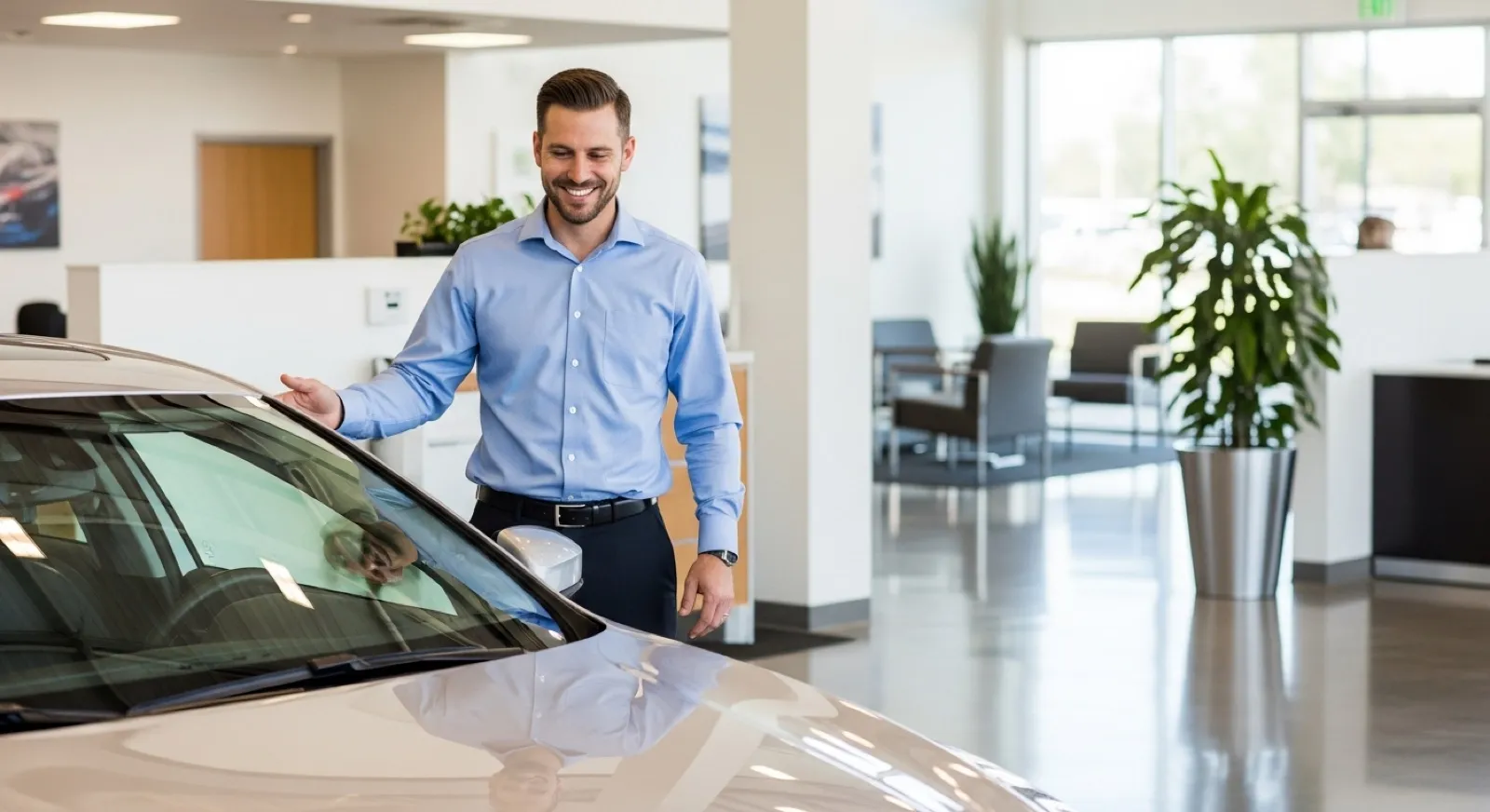 Service advisor beside a car in a clean, modern auto dealership showroom