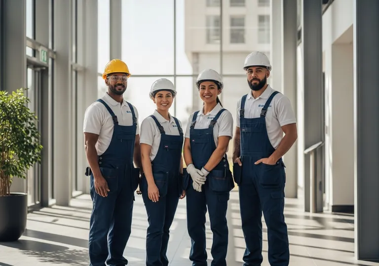 Professional commercial building-services and facility-maintenance team at a modern commercial property — credible and trustworthy