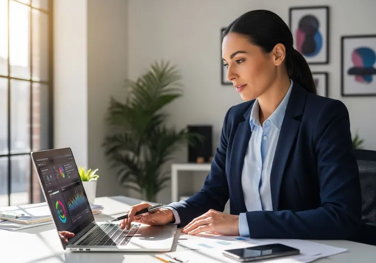 Commercial cleaning company owner reviewing contract and lead analytics on a laptop — tracking contract pipeline growth