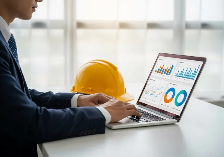 Construction firm owner reviewing lead-generation analytics on a laptop — tracking quote-request growth