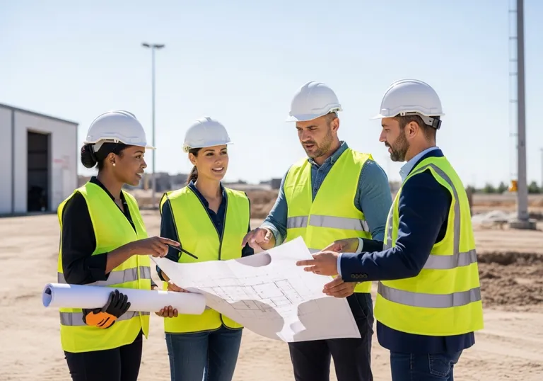 Construction project team and site managers reviewing building plans on an active job site — professional and credible