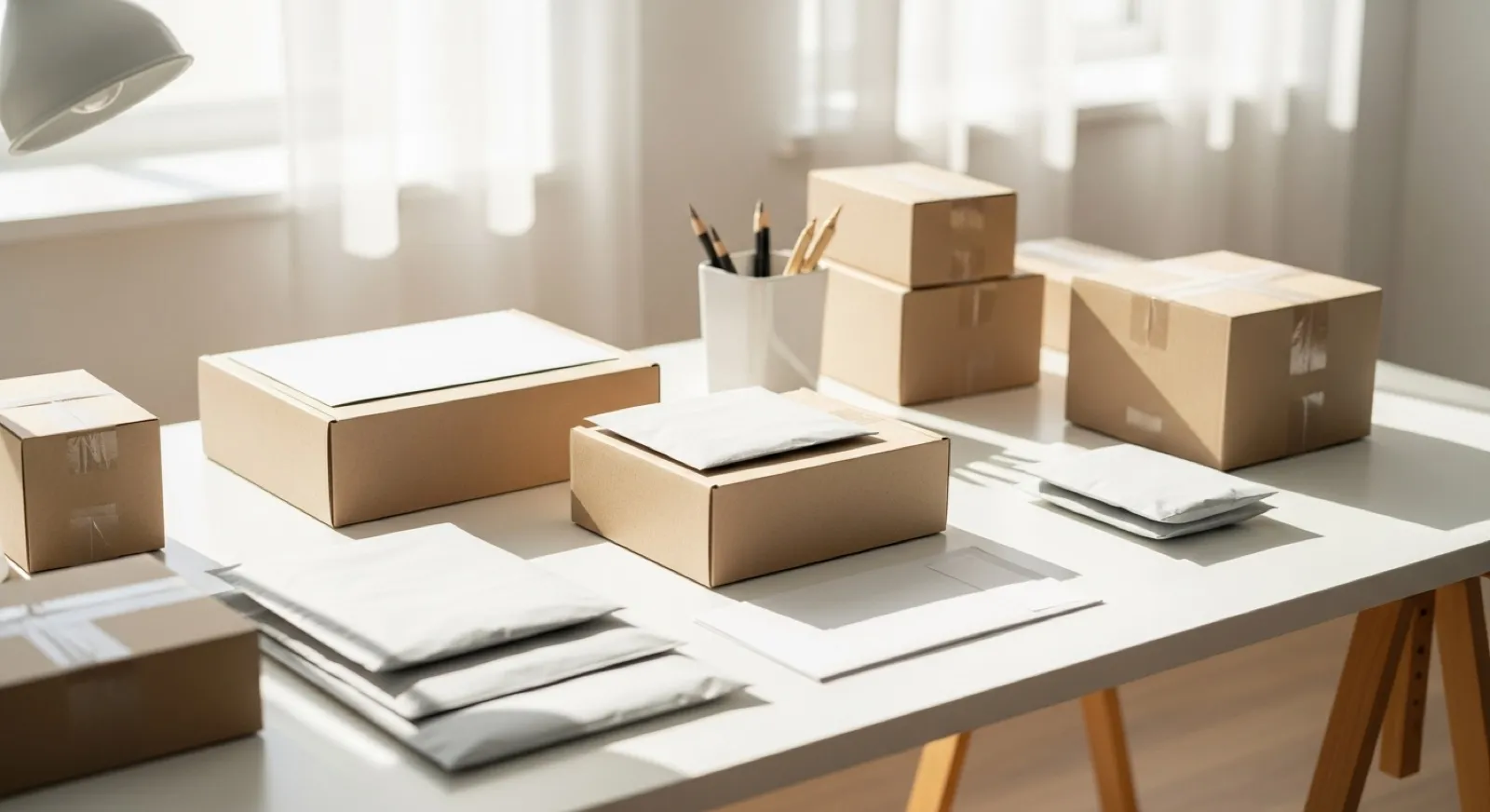 Bright modern e-commerce brand workspace with neatly packaged products ready to ship — profitable online retail growth