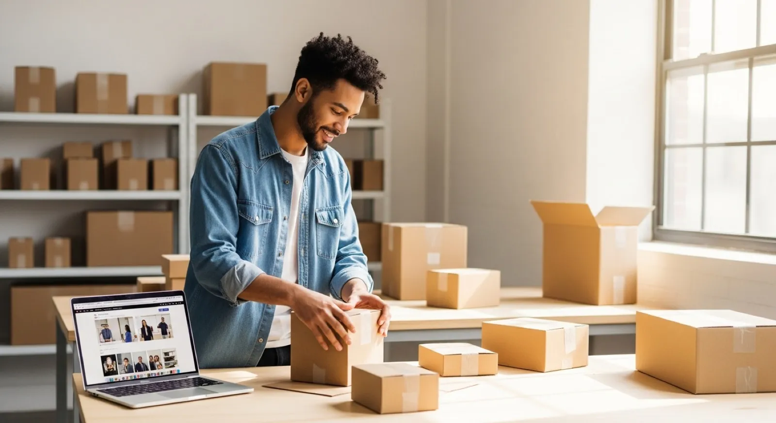 Online-store owner packing branded parcels at a bright fulfillment workbench with a laptop