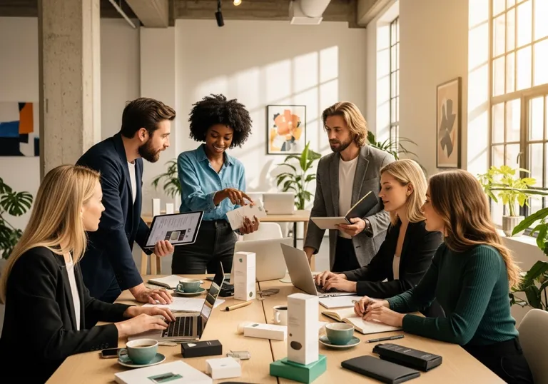 Modern direct-to-consumer e-commerce brand team collaborating in a bright studio office