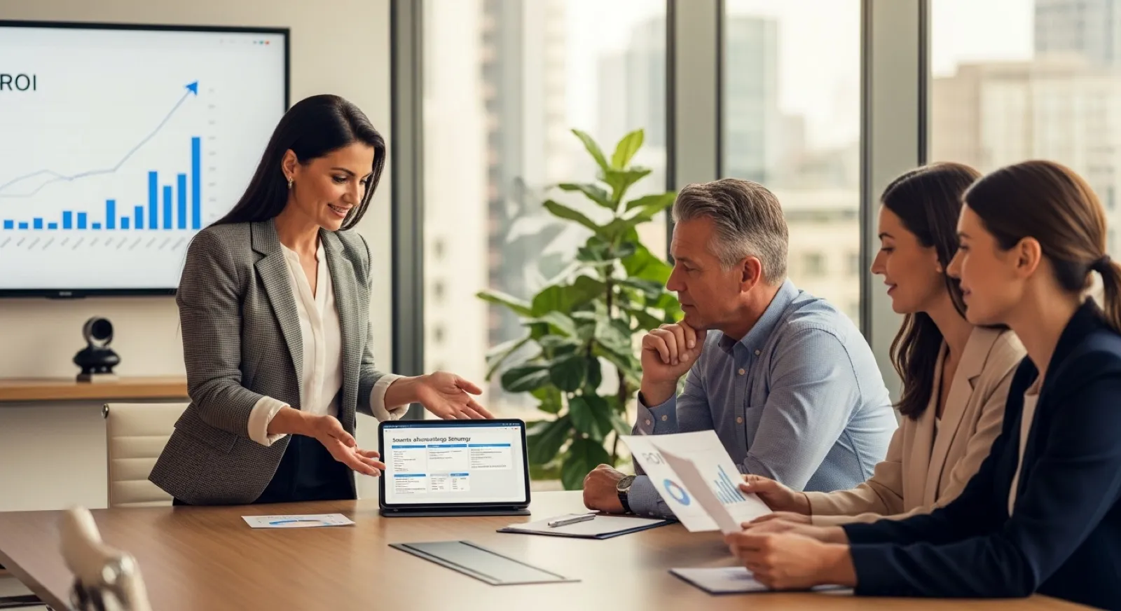 Marketing consultant presenting search advertising strategy and ROI charts to a small business client