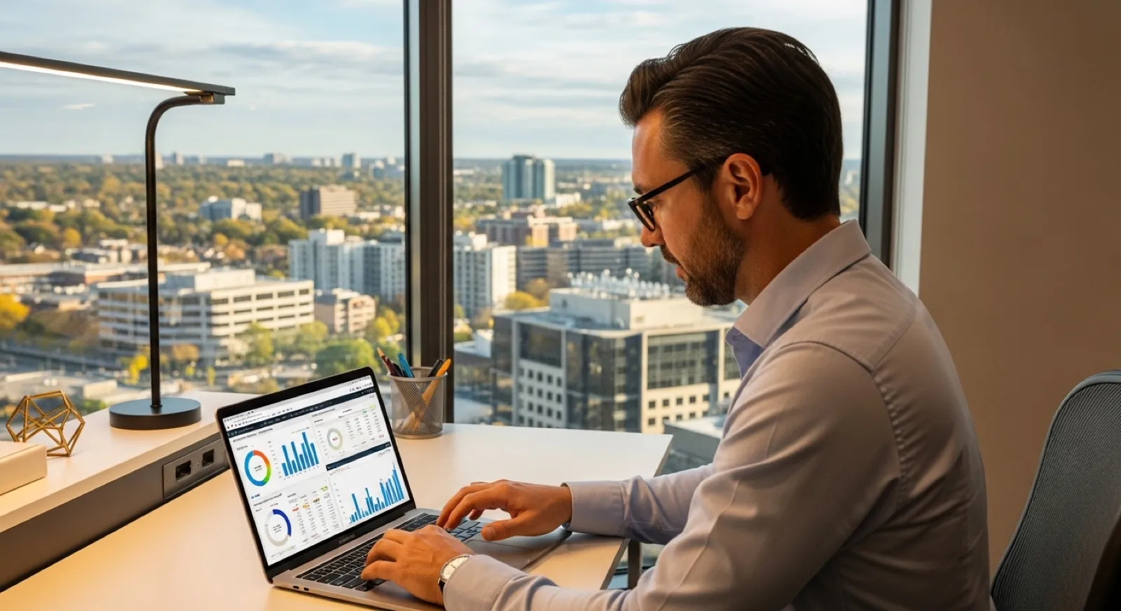 Marketing consultant reviewing search advertising campaign analytics in a modern Mississauga office