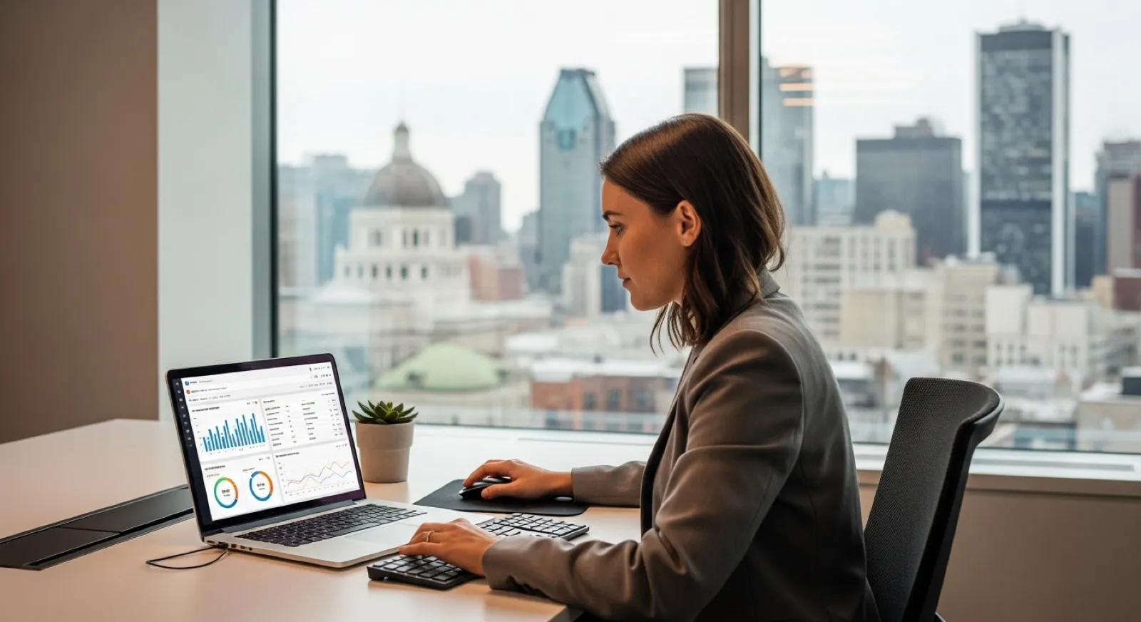 Digital marketing professional analyzing search ad performance with Montreal's skyline visible through the window