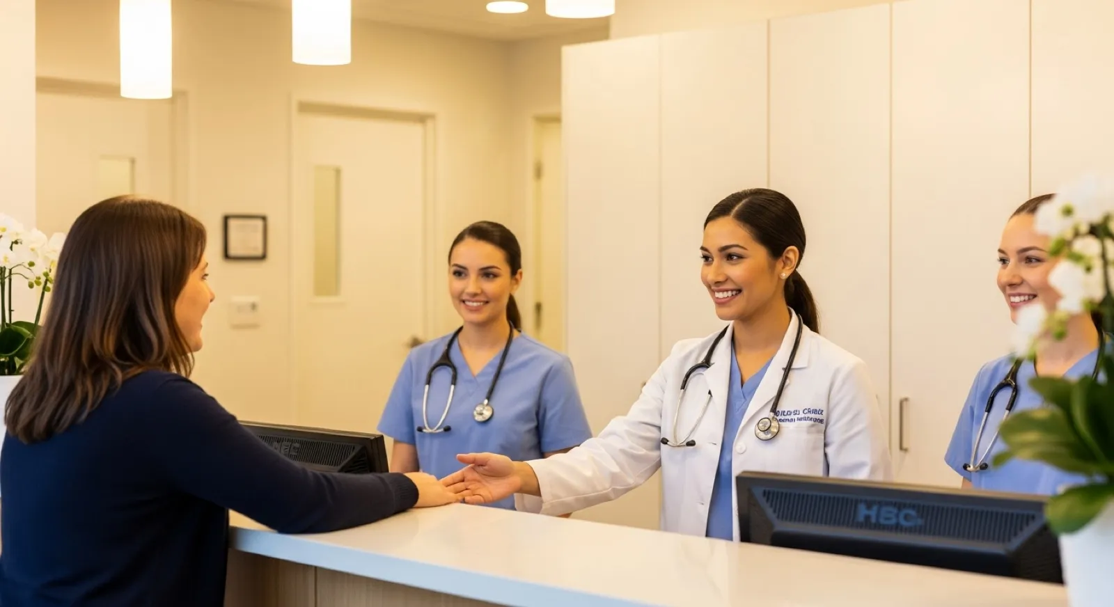 Medical team welcoming a patient at the front desk of a bright, modern clinic