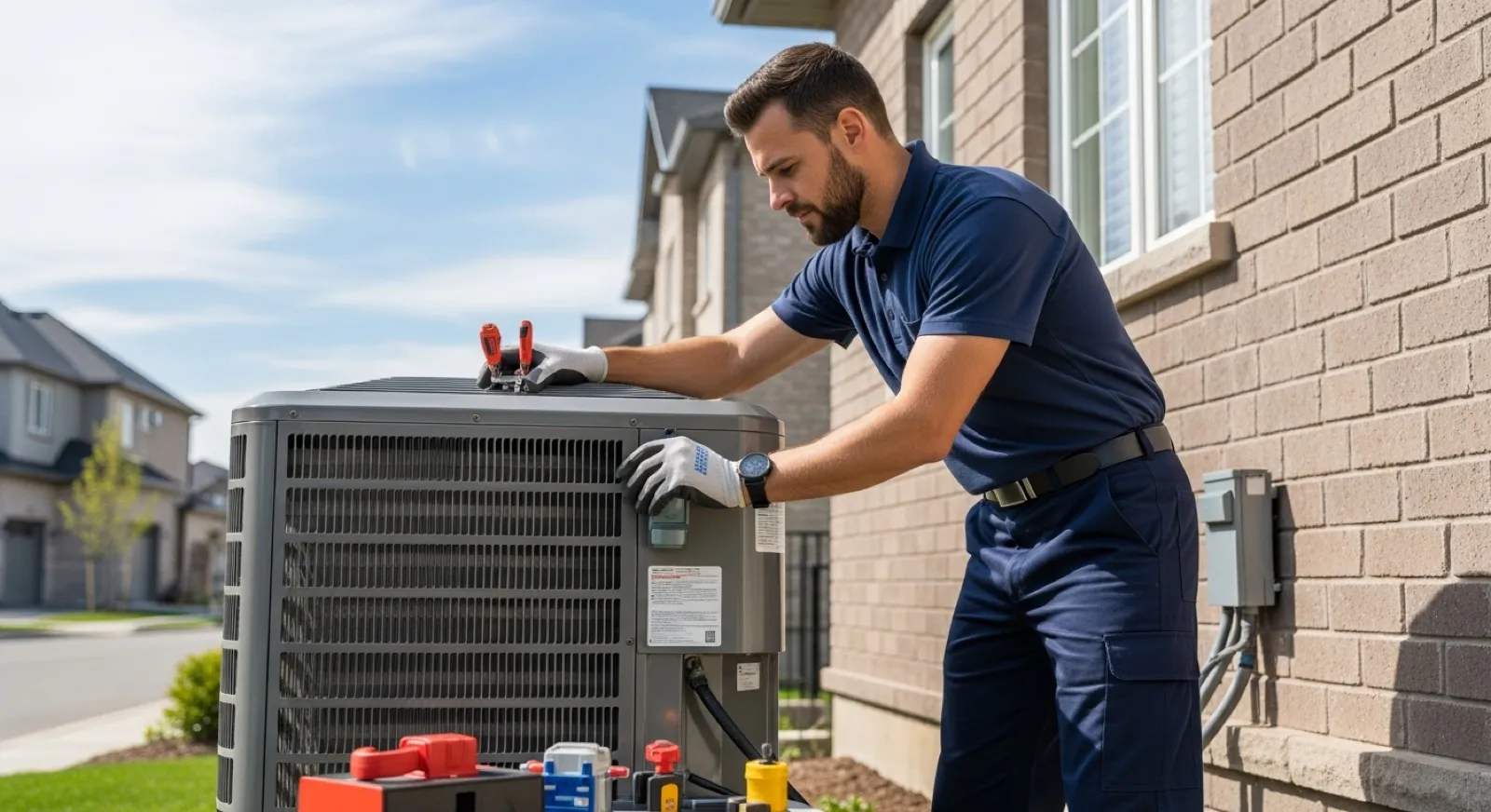 HVAC technician servicing a high-efficiency air conditioning unit outside a suburban home