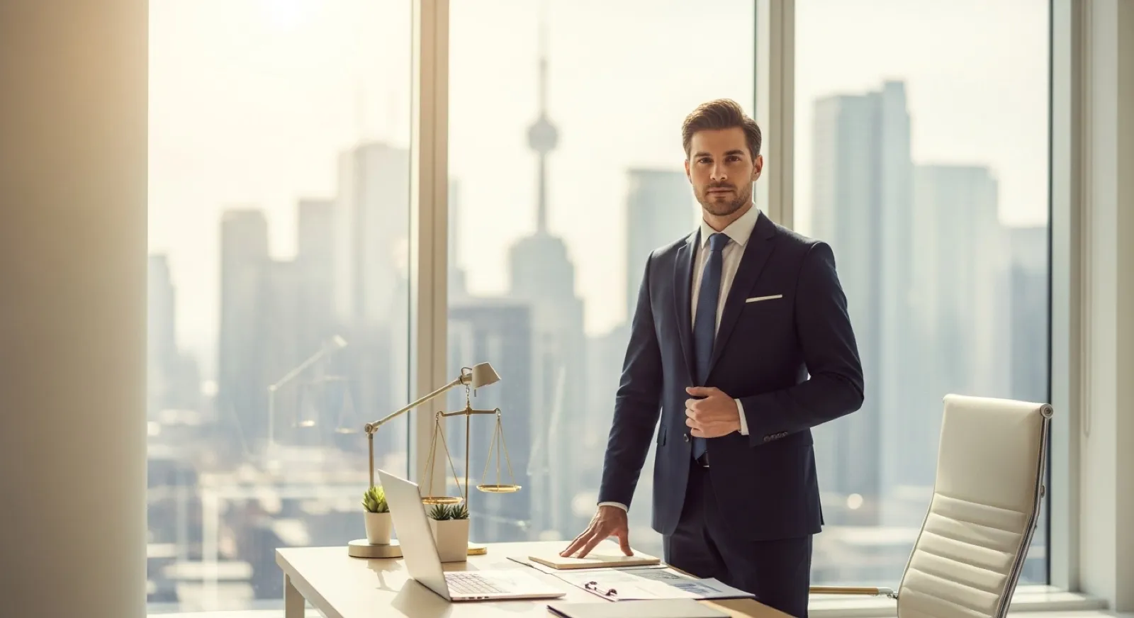Lawyer in a modern Toronto law office overlooking the city skyline