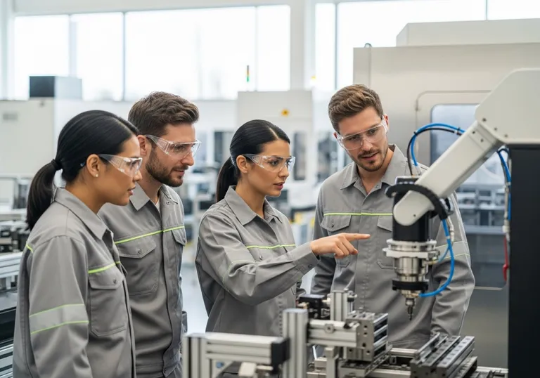 Industrial engineering team in a clean, modern manufacturing facility — professional and credible