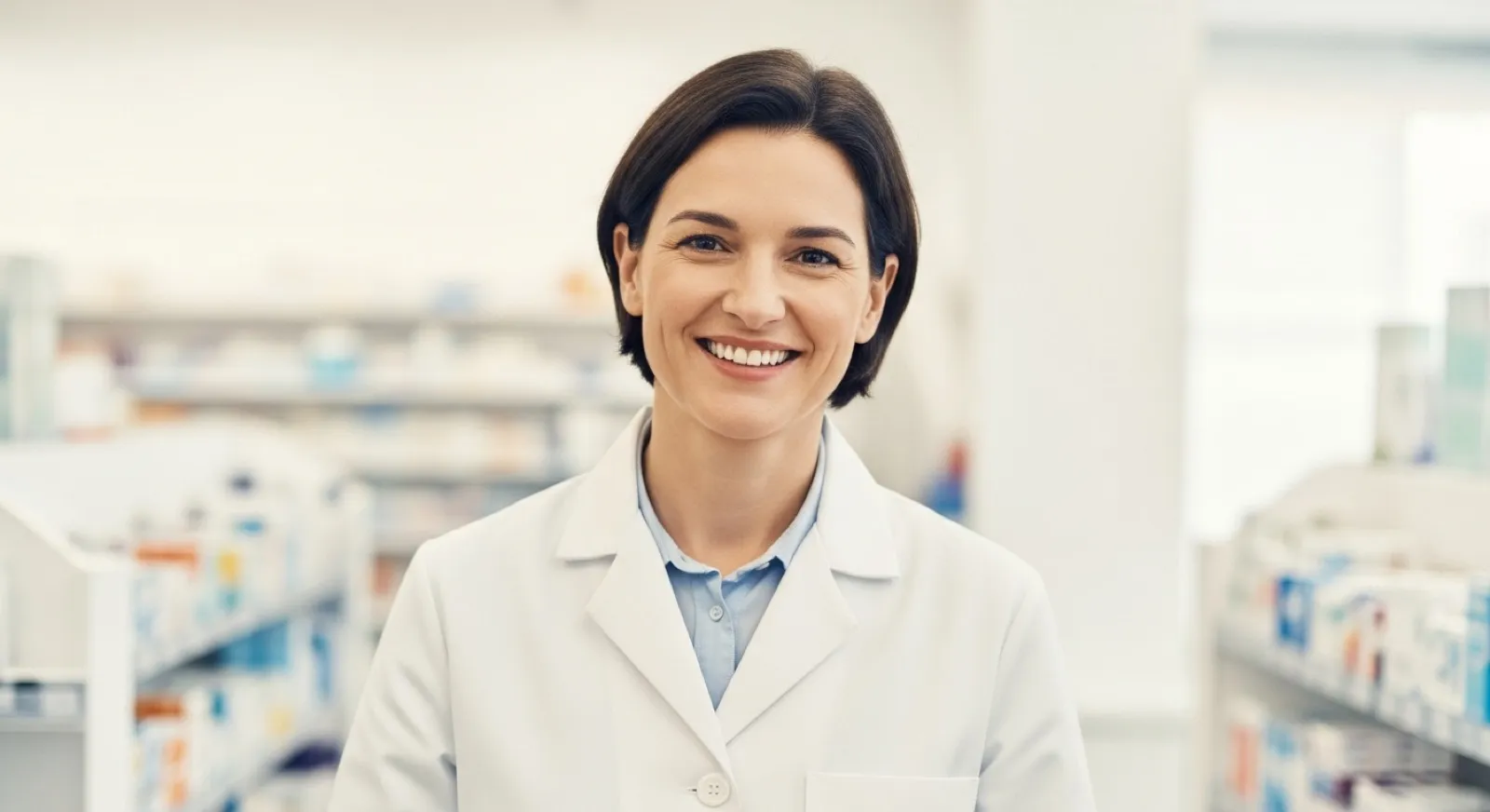 Friendly pharmacist in a bright, modern, clean pharmacy — approachable and trustworthy
