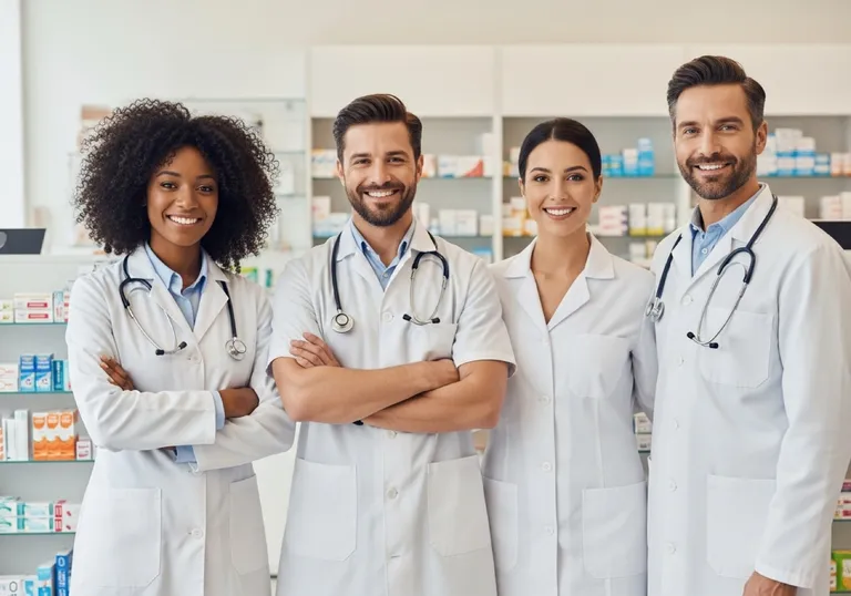 Friendly pharmacy and telehealth care team in a bright, clean clinic — professional and trustworthy