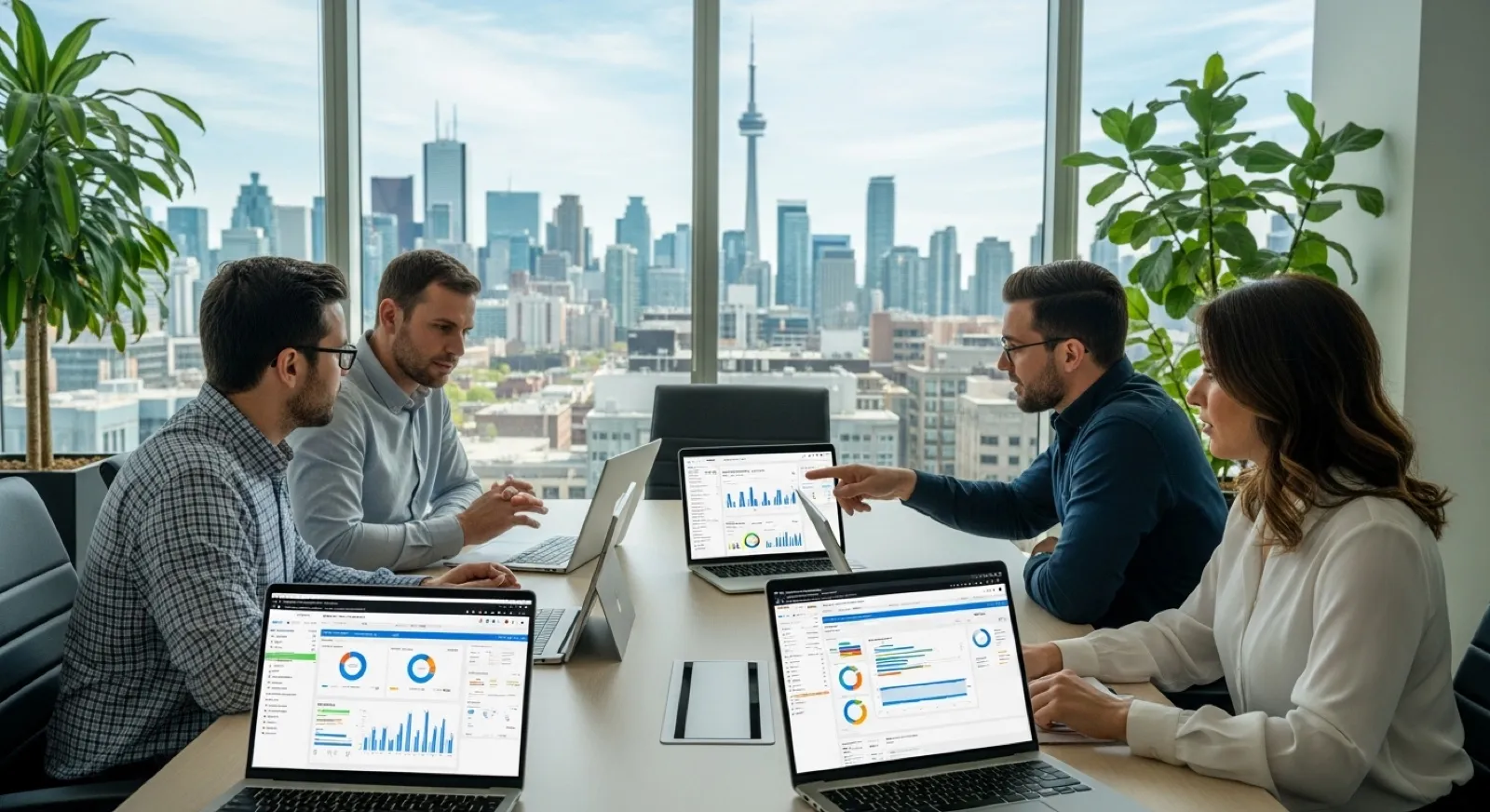 Digital marketing team collaborating on pay-per-click campaign dashboards with the Toronto skyline visible through the window
