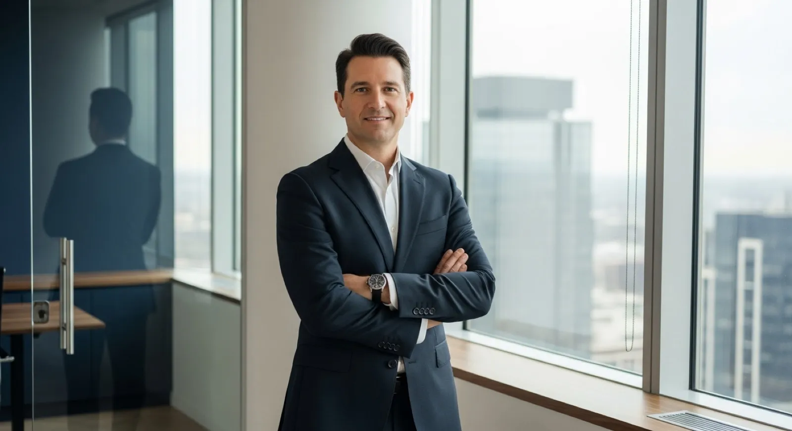 Confident Canadian lawyer or accountant in a modern upscale office — a trusted professional-services expert