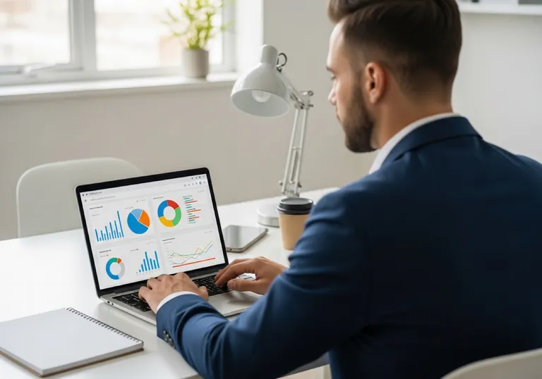 Real estate agent reviewing lead-generation analytics on a laptop — tracking inbound buyer and seller inquiry growth