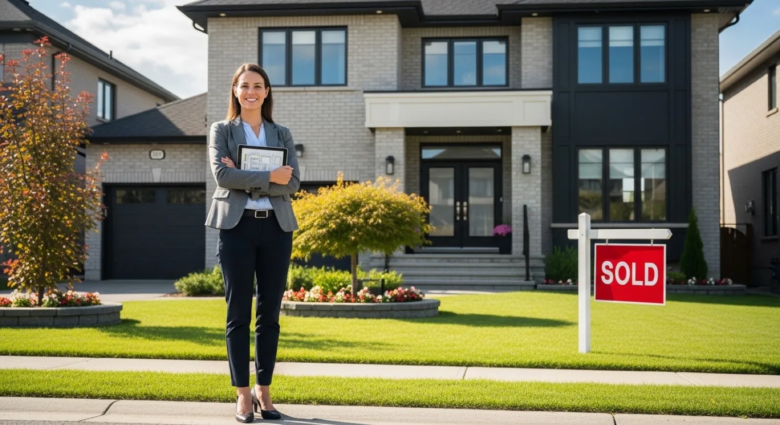 Real estate agent in front of a modern home with a sold sign on a sunny day