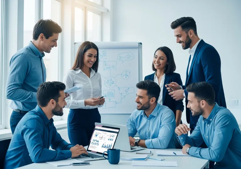 Modern B2B software team collaborating in a bright office — professional and approachable
