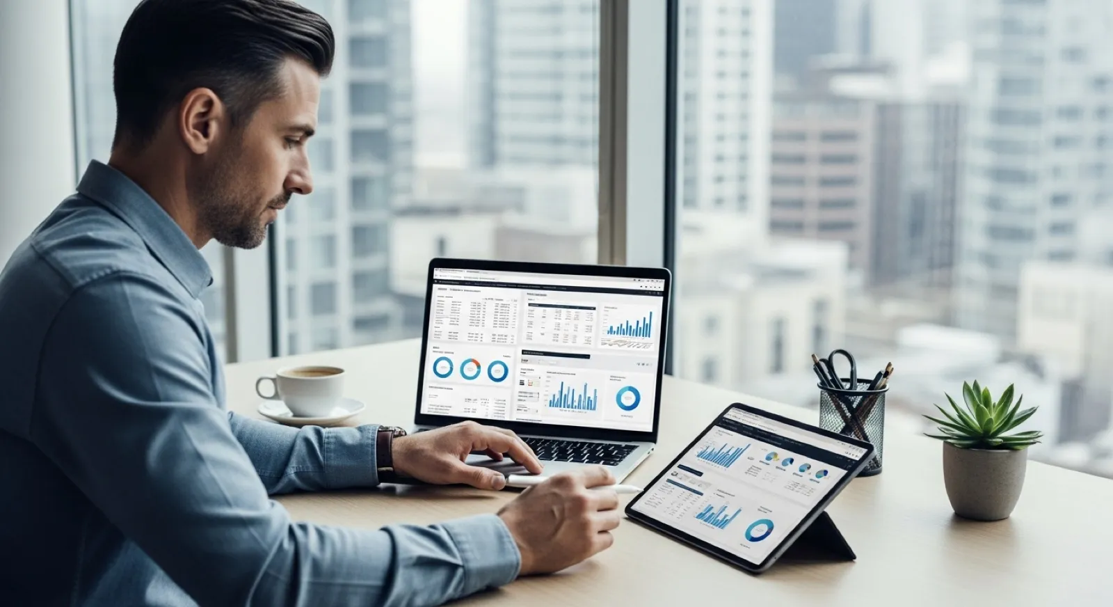 SEO auditor reviewing a detailed website health and technical audit report on a laptop and tablet
